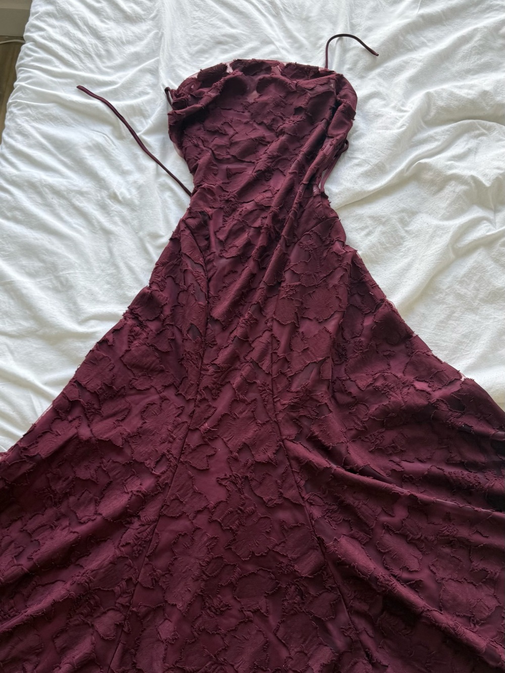 Sleeveless Burgundy Lace Maxi Dress with Spaghetti Straps - Picture 9 of 11